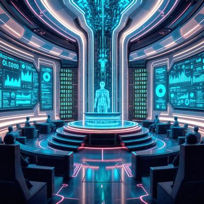 The primary subject of the image is a futuristic room with a large, circular table in the center. The room is filled with various chairs and benches, and there are multiple TV screens mounted on the walls. The setting appears to be a futuristic space, possibly a control room or a meeting area. The visual style of the image is a combination of digital art and illustration, creating a unique and immersive atmosphere. The colors and mood of the room are predominantly blue and purple, giving the space